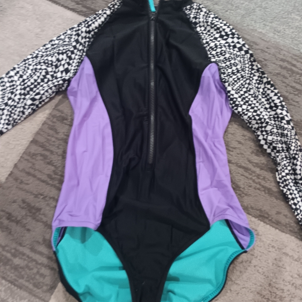 Speedo Black and Purple Swimsuit with Patterned Sleeves